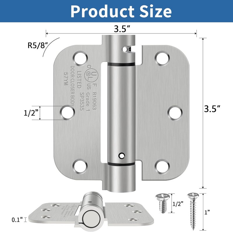IOQ 3.5 Inch Self Closing Door Hinges, 5/8" Radius Corners Spring Loaded Hinges for Interior Door, Bedroom, Pantry Door, UL Listed, for Left and Right Hand Door, Brushed Nickel, 3 Pack - Image 2